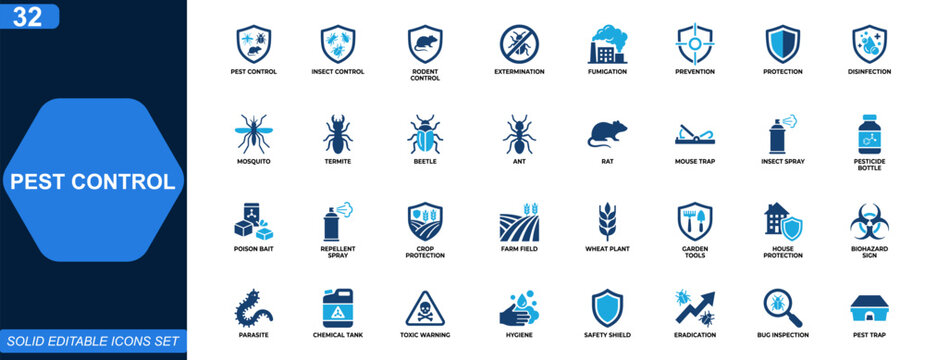 Pest control icon set for agriculture and home protection. Insect management, rodent control, crop safety, extermination, fumigation, prevention tools. Editable icons collection. Vector.