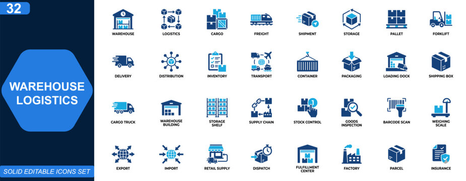 Warehouse logistics icon set. Cargo, freight, storage, shipment, pallet, forklift, delivery, distribution, inventory management. Editable icons collection. Vector.