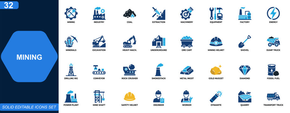 Mining and industrial production icon set. Coal extraction, heavy machinery, excavation equipment, factory plant, mineral resources, energy power. Editable icons collection. Vector.