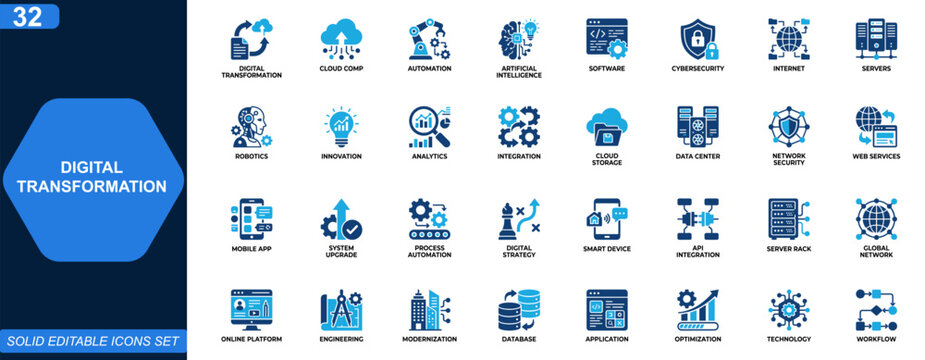 Digital transformation icon set for modern technology and innovation. Cloud computing, AI automation, internet services, software development, cybersecurity. Editable icons collection. Vector.