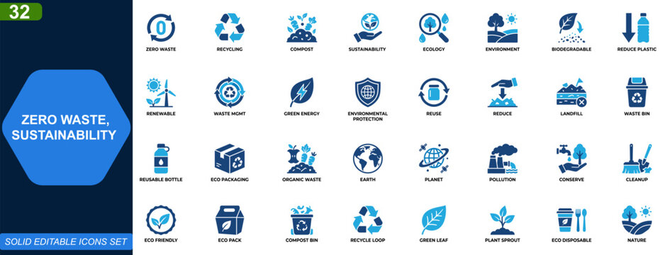 Zero waste sustainability icon set. Recycling, composting, eco friendly products, biodegradable packaging, plastic reduction, green energy, environmental protection. Editable icons collection. Vector.