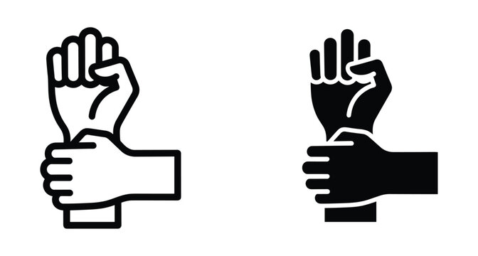 Hand grabbing wrist icon set showing restraint arrest violence or help in outline and solid black silhouette vector graphic style