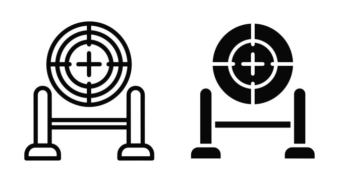 Target icon set featuring outline and solid versions showing a bullseye on a stand for shooting practice and archery sports