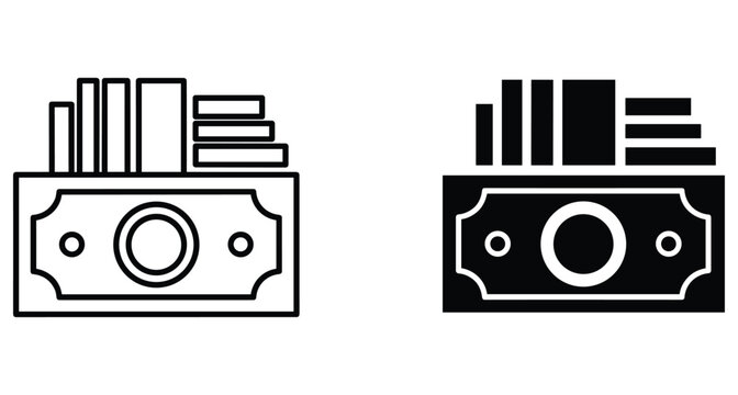Money banknote and coin stack icons in outline and solid glyph styles for financial business banking payment and wealth concepts