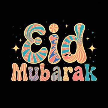 Colorful retro style typography design celebrating the holy religious festival of Eid Mubarak for muslim people
