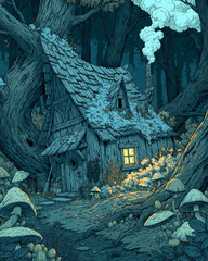 Obraz premium Whimsical fairy tale cottage with glowing window nestled in enchanted dark forest with mushrooms and tree roots, fantasy illustration