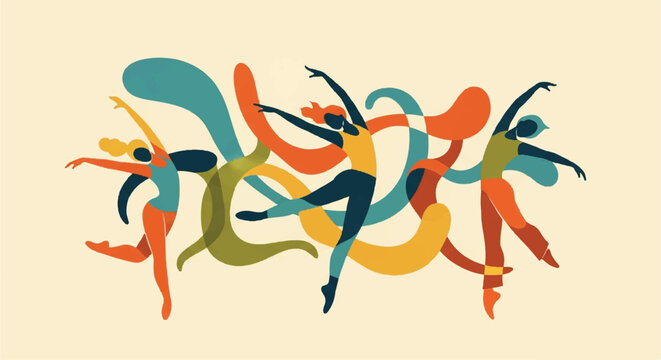 Abstract illustration of dancing figures with colorful shapes and dynamic movement