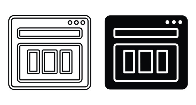 Web browser window icon set showing website layout with header and three columns for user interface design and development projects
