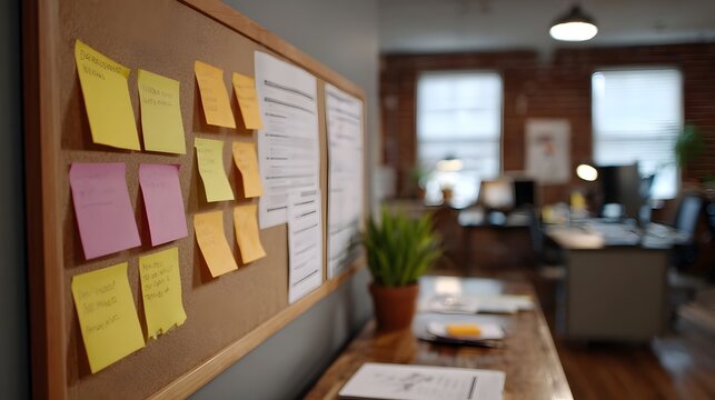 A warm wooden surface features various colored papers and a potted plant creating a creative and organized workspace aesthetic