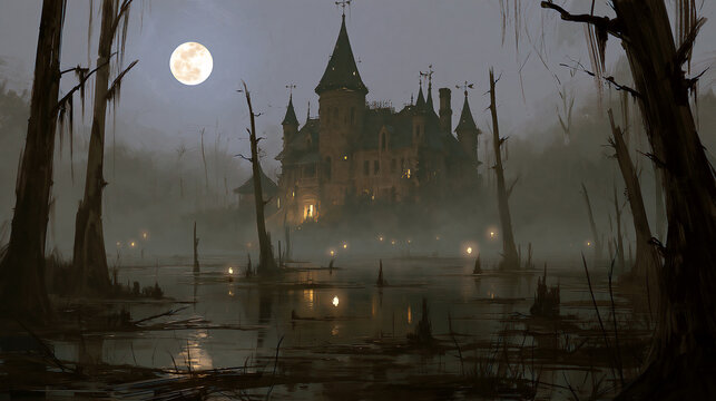 Gothic haunted mansion rising from dark swamp with dead trees and lanterns under full moon, horror atmospheric landscape