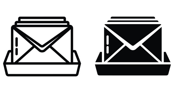 Inbox icon set featuring envelope in tray with outline and solid black styles for email communication and office message management