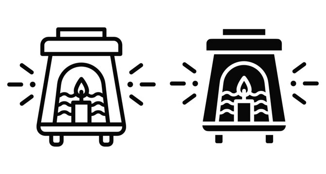 Candle warmer lantern icon set featuring outline and solid glyph styles with burning candle flame and light rays for home decor