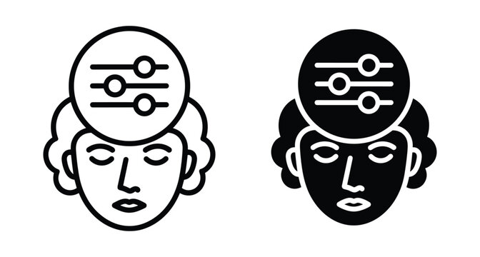 Female Human head icon with adjustment sliders inside brain representing mental health control psychology settings emotional regulation mindset optimization and cognitive function