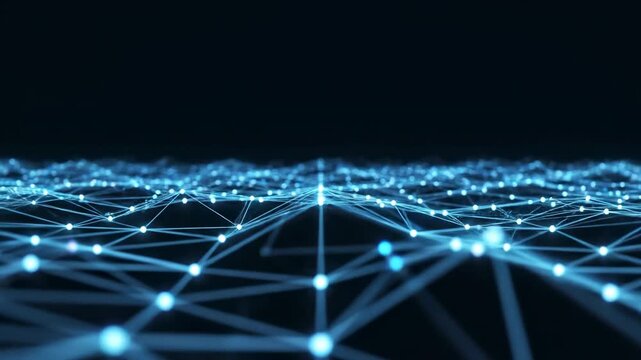 Intricate digital network structure with glowing nodes and connecting lines creating a vast futuristic technology landscape perfect for conveying concepts of connectivity, data transfer