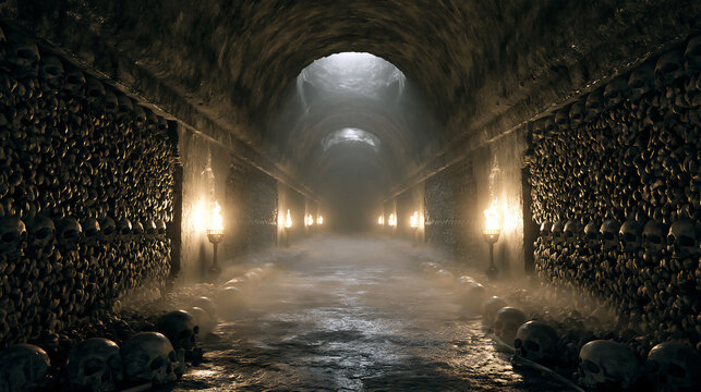 Dark Underground Catacomb Tunnel with Skulls and Bones in Walls Lit by Torches, Gothic Horror and Ancient Ossuary Concept