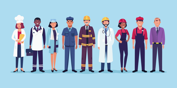 diverse professions lineup of workers in colorful vector illustration