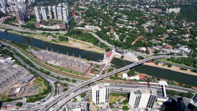 SAO PAULO, BRAZIL - MAY 2026: Aerial view of the Marginal Pinheiros highway