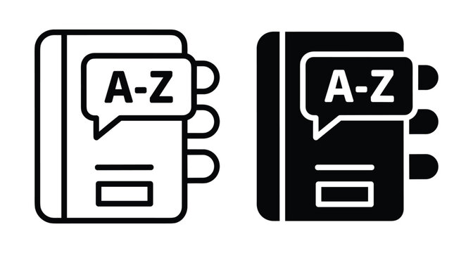 Dictionary icon set featuring outline and solid styles with alphabet letters A to Z for education vocabulary and address book indexing