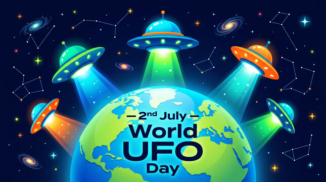 World UFO Day Space Illustration with Flying Saucers Above Earth and Cosmic Galaxy Background