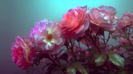 Obraz premium Dreamy pink roses with glowing petals against moody teal background