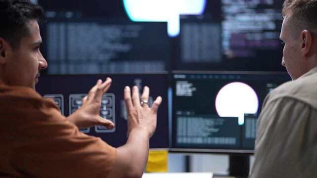 Side profile of a focused software engineer analyzing artificial intelligence system flowcharts and server data scripts on multiple workstation monitors.