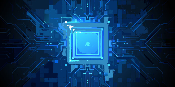 circuit board pattern with central microchip blue digital illustration