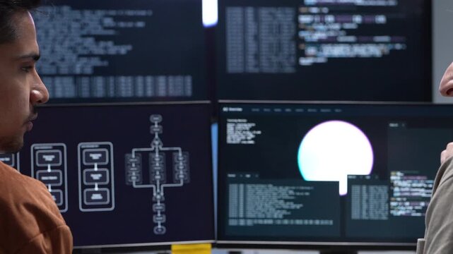 Side profile of a focused software engineer analyzing artificial intelligence system flowcharts and server data scripts on multiple workstation monitors.