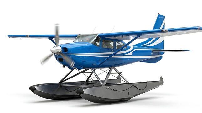 Sleek commercial illustration of a powerful blue pontoon aircraft standing isolated in a bright studio environment.
