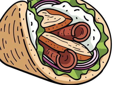 A cartoon illustration of a chicken shawarma sandwich.