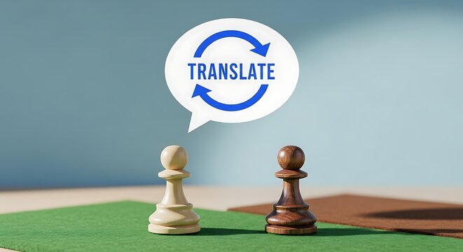 Language translation concept with chess pieces, speech bubble with translate text and arrows, global communication and linguistics metaphor