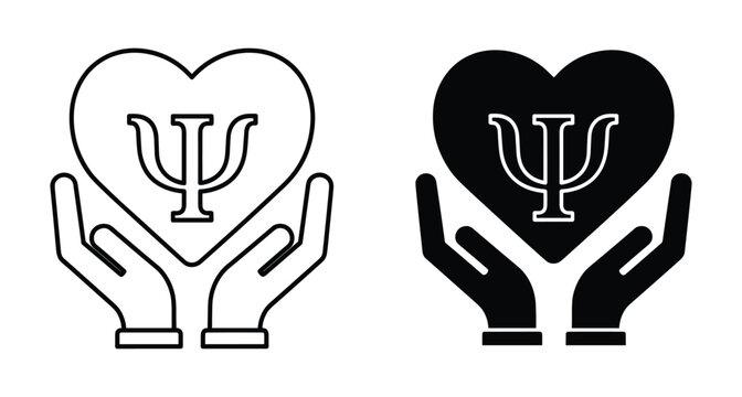 Psychology symbol psi inside heart held by hands representing mental health support therapy counseling emotional care and psychological wellness icon set