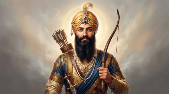 Guru Hargobind Sahib Ji Warrior Portrait Artwork with Traditional Sikh Spiritual Heritage Theme