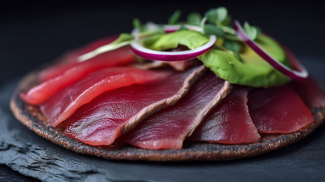 Tuna tostada with avocado and red onion slices on a dark background, mexican food