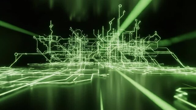 Luminous green circuit board pathways glow with intricate connections and light beams, creating an abstract visualization of a digital network's expansive and complex infrastructure