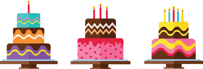 Birthday cake cartoon set. Colorful tiered cakes on stands with burning candles, polka dots, chocolate glaze, and wavy cream stripes for celebration design. © IVY QUEEN