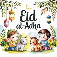 Fototapeta premium Two happy children playing with cute little lambs in a festive celebration for Eid al Adha