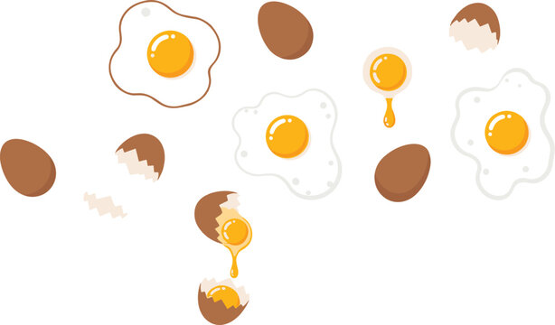 Egg cartoon collection. Fried sunny side up eggs, whole brown chicken eggs, cracked shells, and dripping raw liquid yolks for culinary breakfast design elements.