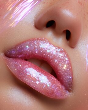 Glossy Pink Lips with Iridescent Beauty Makeup. Excellent for cosmetics advertising, lip gloss branding, beauty editorials, skincare campaigns and fashion visuals.