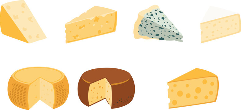 Italian cheese cartoon set. Gourmet collection featuring parmesan, gorgonzola, robiola, grana padano, pecorino, and fontina wedges with text titles for grocery design.