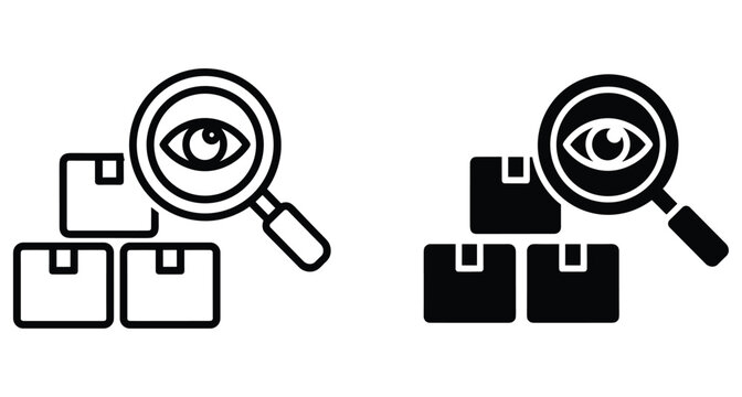 Magnifying glass with eye icon inspecting cardboard boxes for quality control logistics tracking inventory management shipping delivery warehouse search symbol set