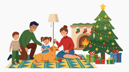 Fototapeta premium A happy family is celebrating Christmas morning with their dog in front of a fireplace and a decorated Christmas tree. Their children are excited and engaged with the family pet