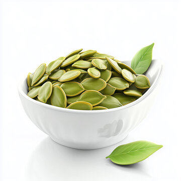 Fresh pepitas or green pumpkin seeds in a white ceramic bowl