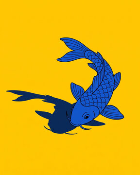 Blue koi fish swimming downwards with a dark shadow casting on a bright yellow background.