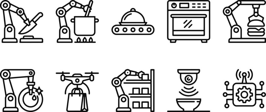 Industrial robotic arm icons set