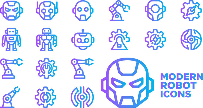 Modern robot icons futuristic android head and mechanical arm designs set technology.