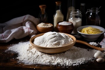 Fototapeta premium Fresh dough in a bowl surrounded by flour and other ingredients for pasta preparation