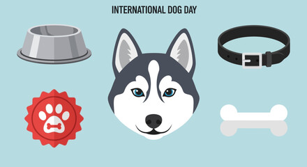 International Dog Day Icons Set with Husky Face and Accessories © Bahan