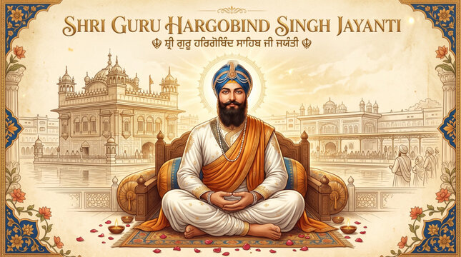 Shri Guru Hargobind Singh Jayanti Spiritual Meditation Artwork with Traditional Sikh Heritage Theme