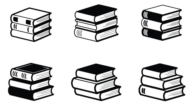 line art and solid fill book icon set featuring stacked books for education reading learning library knowledge vector illustration