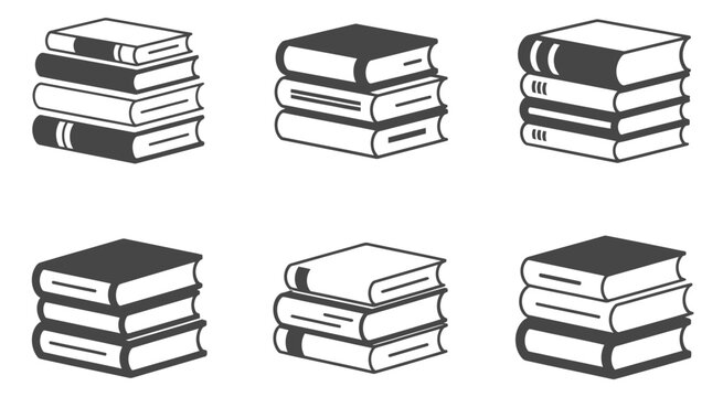 line art and solid fill book icon set featuring stacked books for education reading learning library knowledge vector illustration